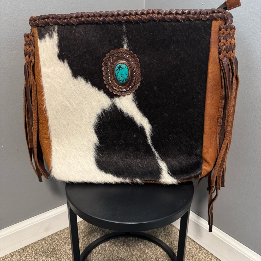 American Darling Black and White Cowhide Bag with Brown Accents